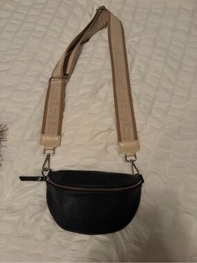Italian Leather Black Crossbody Belt Bag with Beige Adjustable Strap- from Milan